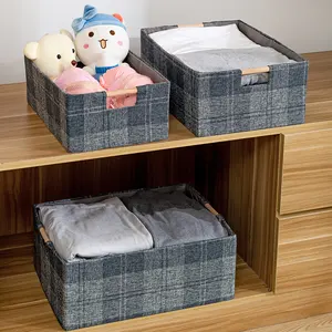 Biểu Tượng Tùy Chỉnh Linen Quần Áo Đồ Chơi Lưu Trữ Organizer Box Có Thể Gập Lại Cube Lưu Trữ Giỏ Với Tay Cầm Bằng Gỗ