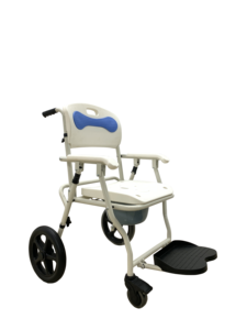Silla de Ducha Multifuncional con Ruedas y Marco de Acero Blanco, Respaldo Acolchado Azul y Reposapiés Abatible - Product Image 4