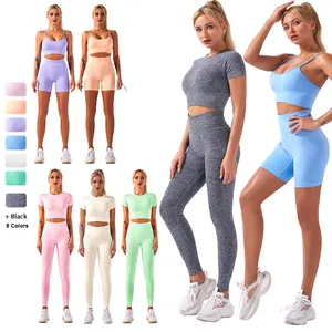 4 Piece Yoga Sets Gym Suits For Women Active Wear, Seamless Workout Bra + Short Sleeve Top + Shorts + Leggings Cycling Clothes