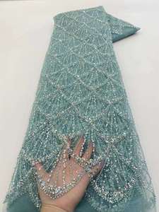 Nigeria thêu pháp vải tuyn ren vải 5 yards thân thiện với môi màu hồng <span class=keywords><strong>Sequins</strong></span> 100% Polyester - Product Image 6