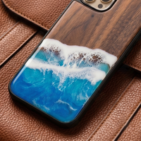 Coque de téléphone en bois de noyer et résine époxy, motif vague océanique, personnalisable, vente en gros