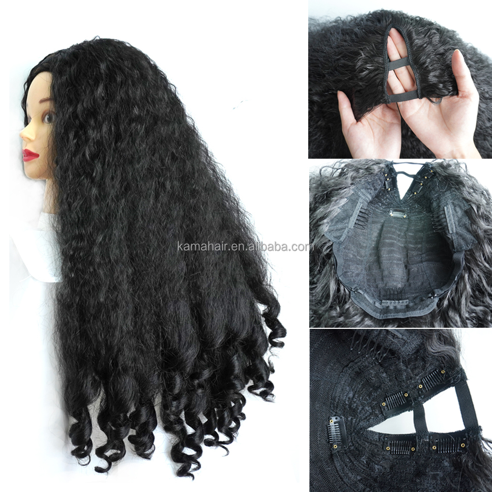 KAMA Wholesale Transparent Lace Kinky Straight Curly Wig 180% Density High Fiber V Part Synthetic Braided Unique Bouncy Curls Detail Section 1