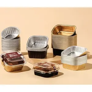 Foil Flan Container Gold Black Baking Dessert Cups Cake Decotaing Tools Colorful Ramekin Foil Flan Container With Plastic Lid