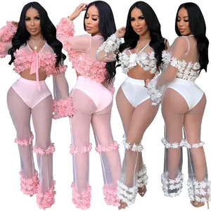 Hot Sale Solid See Through Flower Print Mesh Women Tops and Pants Two Piece set Clubwear