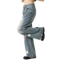 Jean en denim délavé style mignon pour femme, coupe large, taille haute, broderie ours, cœur et nœud, effet délavé