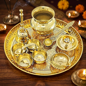 Ensemble de thali en laiton pour Puja avec lampe à huile, Diya, cloche et cuillère pour activités religieuses, design circulaire, matériau durable - Product Image 3