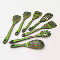 Ensemble de 7 cuillères de cuisine en bois de Pakkawood vert, ustensiles de cuisine pour servir, cadeaux de fête prénuptiale