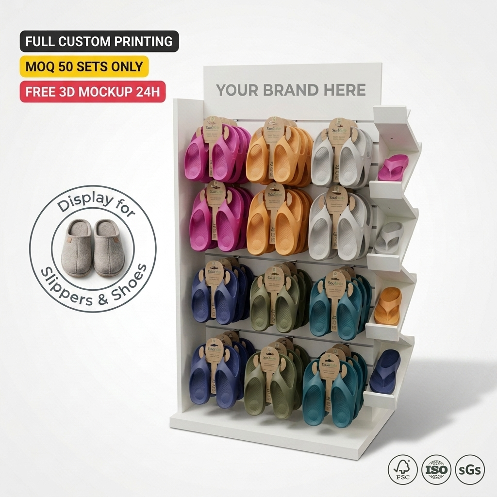 Wooden Floor Display Stand for Slippers/shoes/Boots Double-sided Display Racks with Hooks for Shoes Retail Supermarrket Shelves