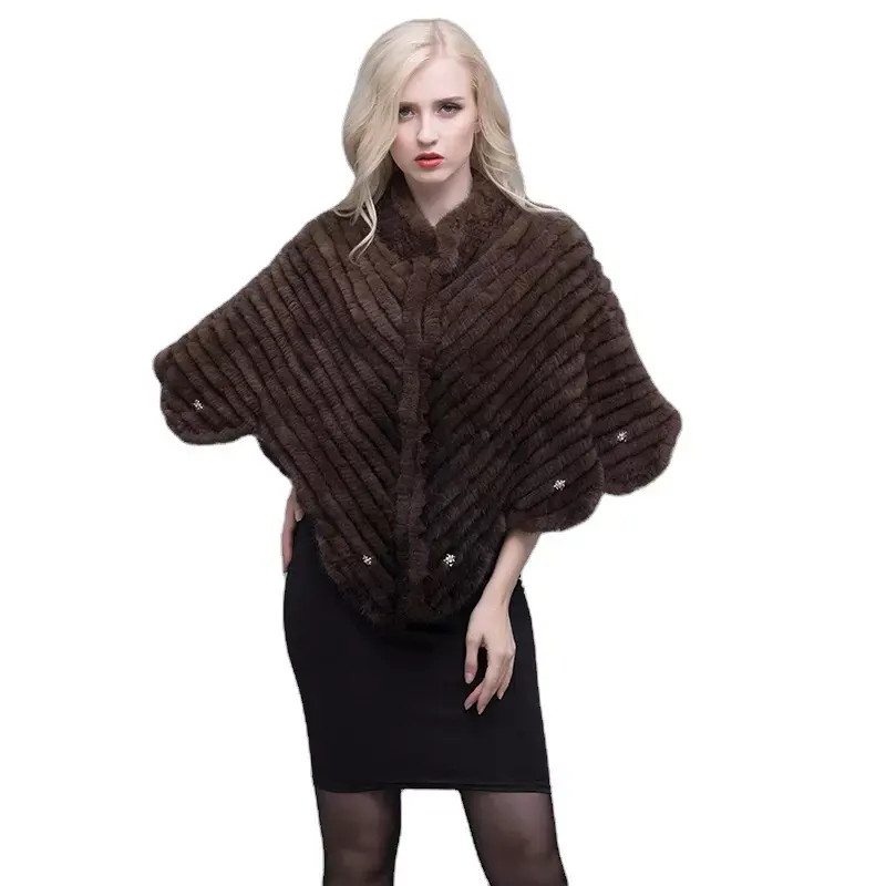 MWFur Winter Fashion Keep Warm Outwear For Lady Fashion Mink Knitted Fur Shawl With Fur Collar For Women