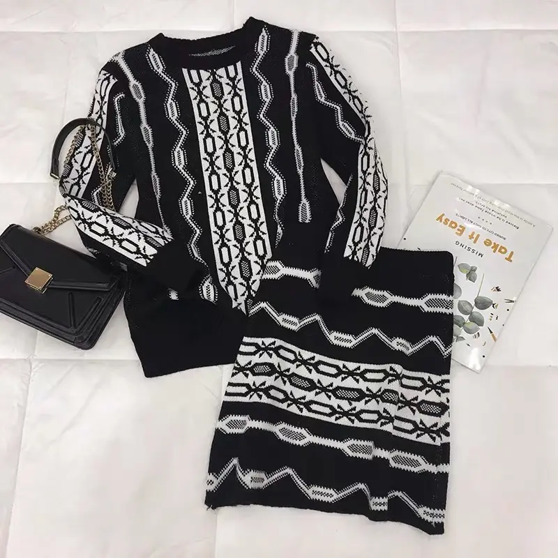 paisley & geometric jacquard knit sweater top & knit mini skirt two pieces set