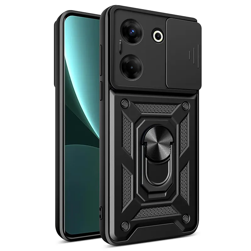For Tecno Camon 20 Pro Case with Slide Camera Cover, Shockproof Ring Kickstand TPU PC Mobile Phone Case For Tecno Camon 20 Pro