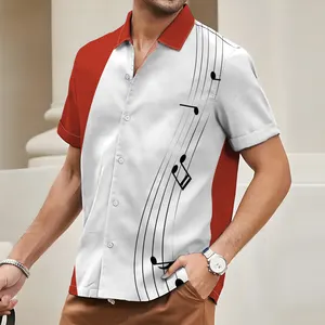 2024男式t恤3D拼接红色蓝色白色休闲衬衫时尚简约音乐马球衫加大码男装