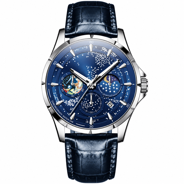 Men's Luxury Quartz Fashion Watch Moon Sun Star-Themed 42mm Pointer Dial Alloy Case Stainless Steel Band 30M Water Resistant