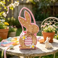 Panier de Pâques en bois et feutre, motif lapin, sac cadeau pour la chasse aux œufs, porte-sucreries, poignée rose, décoration de fête pour enfants
