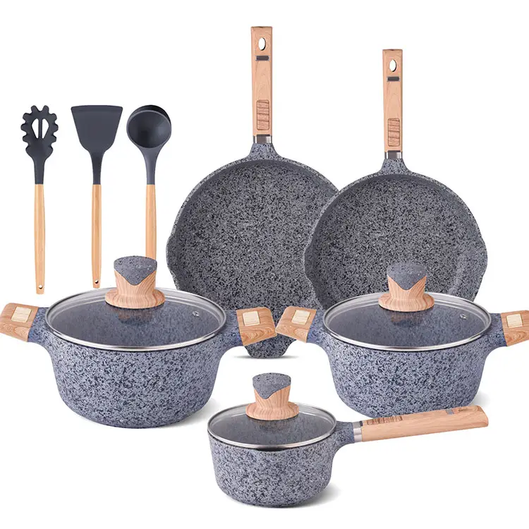 2022 New Hot Products Kitchenware Die Casting Granite Steak Stone Non-stick Cookware Set With Glass Lid