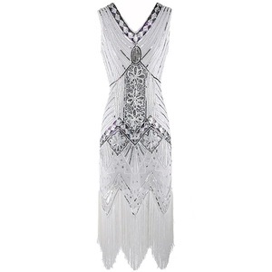 Gatsby Evening Gown Midi <b>Skirt</b> Strapless Sequined Tassel Vintage Dress Women's Clothing - Product Image 5