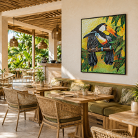 Mosaïque en verre découpée à la main, motif Tucan et Faucon-cornu, Décoration murale artistique pour Salle de Bain, Maison, Hôtel, Espace Commercial