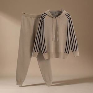 Women's Full-Length Hooded Striped Knit <b>Sweater</b> <b>Set</b> - Product Image 2