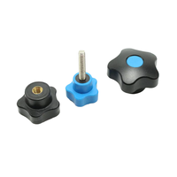 Star Shape Five Lobe Hand Knob Black ABS Plastic Female Thread M5 M6 M8 With Light Blue Cap for Industrial Equipment