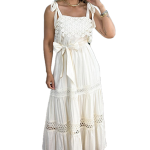 KY été dames brodé blanc longue robe parole longueur noeud papillon creux licou doux Style tricot tissu imprimé sans col - Product Image 3