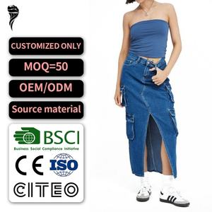 Top Sales Custom Mid Rise Dark Wash Denim Cargo <b>Skirt</b> Front Slit <b>Utility</b> Pocket Maxi Jean <b>Skirt</b> for Women - Product Image 1