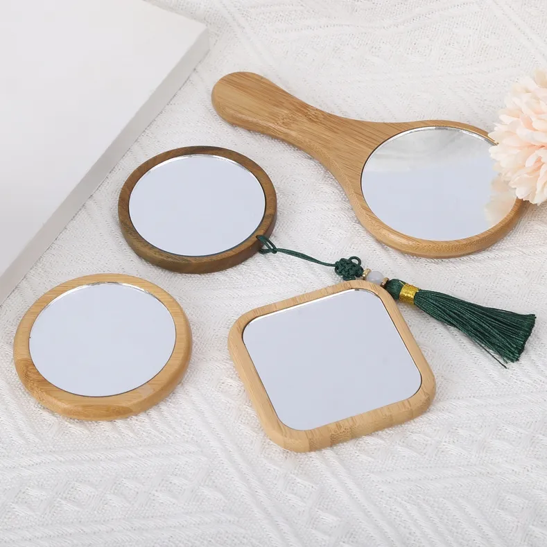 Wooden Mini Mirror Frame Make up Mirror Round Pocket Small Portable Bamboo Makeup Mirror