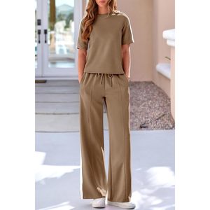 Women's 2 Piece Set <b>Summer</b> Casual Sweatsuit Wide Leg <b>Pants</b> Matching Lounge Outfit Breathable O-Neck Short Sleeve Knitted Set - Product Image 4