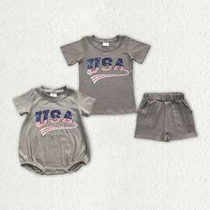 Ensemble de vêtements patriotiques pour frères et sœurs, en soie de lait grise, avec imprimé lettres USA, pour garçons en bas âge, Jour de l'Indépendance du 4 juillet - Product Image 1