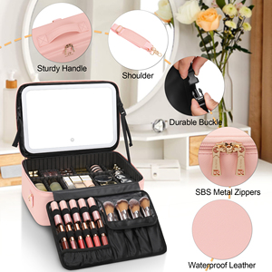 Relavel Trousse de maquillage de voyage avec miroir éclairé <span class=keywords><strong>rechargeable</strong></span> 3 lumières de couleur Organisateur de cosmétiques pour femmes <span class=keywords><strong>Cuir</strong></span> Rose - Product Image 5