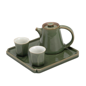 Bamboo Green Glaze Teapot <b>Set</b> With Two Cups And Tray Simple Style Pottery <b>Tea</b> Brewing System For Hotels And Guesthouses - Product Image 5