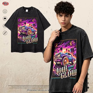 T-shirt unisexe ample en coton délavé style européen et américain, à manches courtes, respirant, imprimé voiture vintage, pour couple, vente en gros - Product Image 1