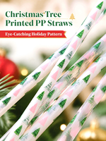 Pailles réutilisables imprimées pour Noël, pailles à boire personnalisées pour les fêtes, pailles en plastique à motif d'arbre de Noël