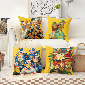 Canlı tropikal maske yastıkları, şenlikli tatil çorapları ve sıcak bir dekorasyonla rahat oturma odasını süslüyor. - Product Image 2