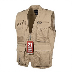 Chaleco Safari de Algodón para Hombre HUMMER, 21 Bolsillos, Cuello en V, Cierre de Cremallera, Transpirable, Ropa Exterior de Verano, Color Beige Sólido - Product Image 1