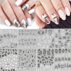 Черно-белые наклейки для дизайна ногтей, Переводные картинки, 3D Самоклеящиеся наклейки с листьями и цветами для женщин и девочек, украшения для ногтей «сделай сам», маникюр