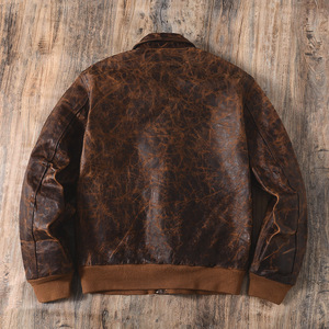 Chaqueta de bombardero de cuero de <span class=keywords><strong>Aviador</strong></span> A2 americana desgastada Vintage para hombre con cremallera frontal ecológica con acabado genuino - Product Image 2