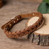 Handgeflochtenes Echtes Leder Hundehalsband, 6 Einfarbige Varianten Dunkelbraun Rosa Schwarz Blau Mintgrün Beige Verstellbares Haustierhalsband