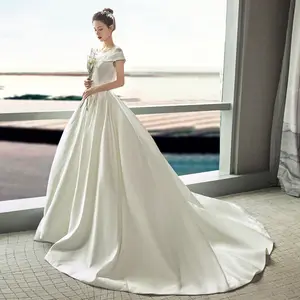 Элегантные свадебные платья, атласное свадебное платье с коротким кружевным рукавом, атласное свадебное платье А-силуэта