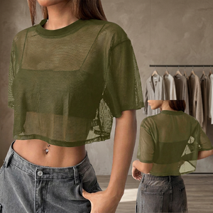 Wholesale Retro Olive Green <b>Mesh</b> <b>Top</b> Casual Streetwear Transparent Fitted Short Sleeve Hand Embroidery 100% Polyester Fashion - Product Image 3