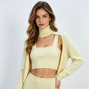 ชุดเซ็ต 2 ชิ้นผ้าฝ้าย BCI สำหรับผู้หญิง เสื้อคลุมคอเต่าและเสื้อสายเดี่ยวคอกลม เสื้อถักแขนยาวแบบครอป - Product Image 1