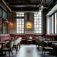 Ensemble commercial de mobilier de restaurant Ron Group : banquette en cuir capitonnée en U, table carrée en bois et chaise personnalisée en tissu