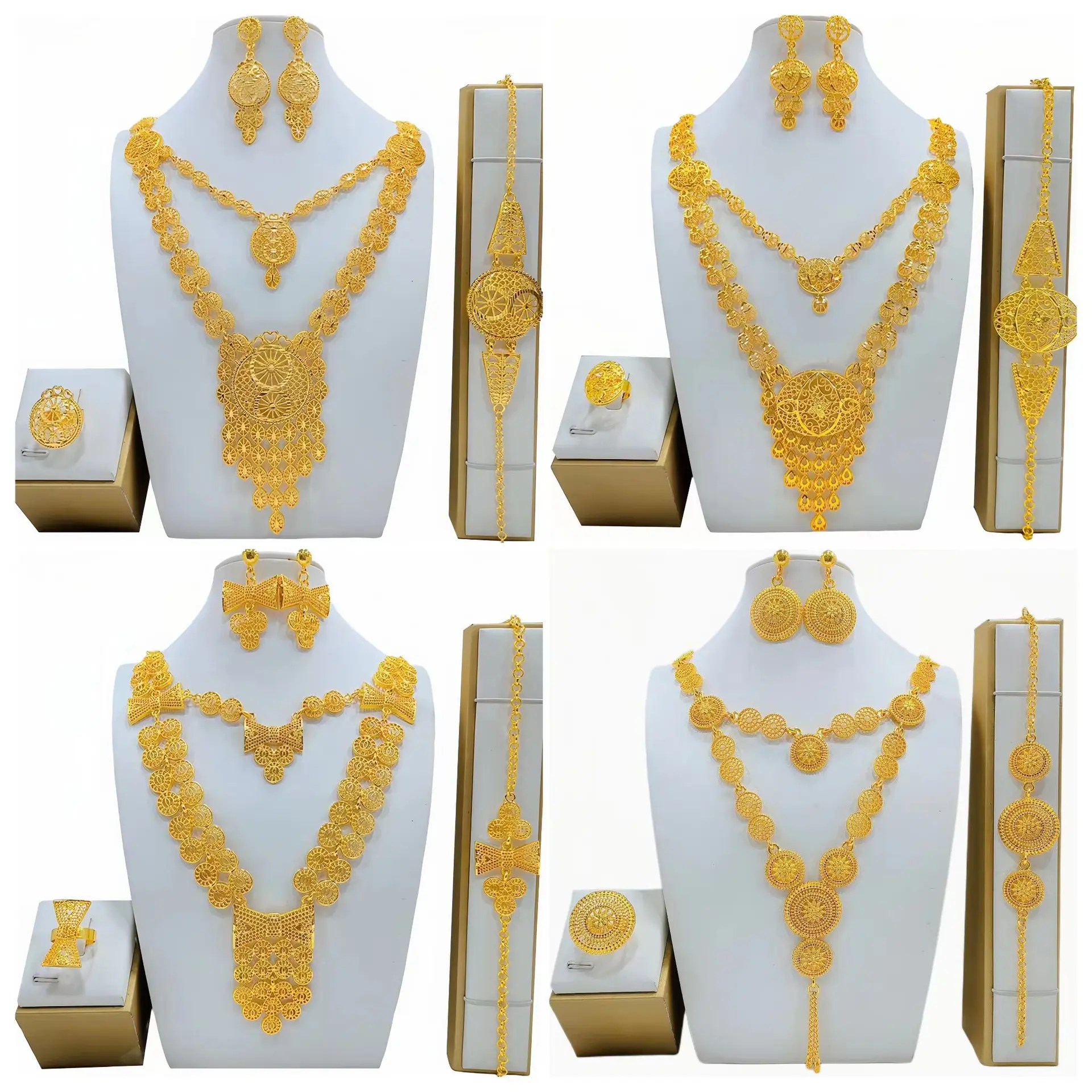 Heiß verkaufendes Dubai 24 Karat Gold Damen schmuck Set Nahost Braut Halskette Ohrringe Ring Armband Vierteiliges Set