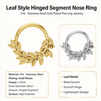 Anneau de septum en acier inoxydable 316, motif feuille, 1,2*8mm, doré/argenté, clicker à segment articulé, anneau de nez, bijou de piercing branche d'olivier