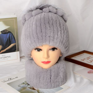 Écharpe <span class=keywords><strong>et</strong></span> chapeau en fourrure de lapin épais d'hiver pour femmes ensemble chaud chapeau dôme plat avant-toit avec écharpe assortie - Product Image 1