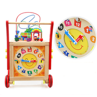 Marche-bébé en bois avec cube d'activités, musique, vitesse réglable, anti-basculement, jouet en bois