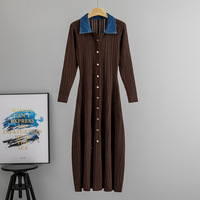 Robe trapèze vintage française color-block pour femme, à manches longues, taille cintrée, idéale pour le bureau – Vêtements féminins tendance en gros