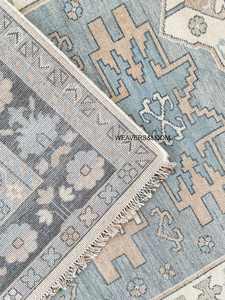 Tapis Oushak noué à la main 8x10, expédition rapide, tapis turc vintage en laine, bleu, ivoire, motif médaillon oriental pour salon, chambre à coucher - Product Image 4