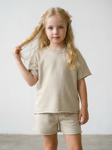 Children's Custom Blank Roll-edged Ram Hem Shirt and Shorts Beige Kids Summer Clothing 2 Piece Sets for Girls <strong>Boys</strong> - Product Image 4