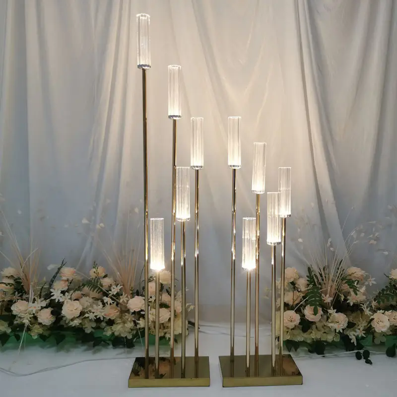 LED 5 teste di metallo candelabri portacandele in acrilico tavolo di nozze centrotavola supporto fiore candelabro decorazione per la casa