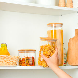 طقم برطمانات حاوية تخزين طعام مربعة كبيرة مع غطاء من الخيزران الخشبي - Product Image 3